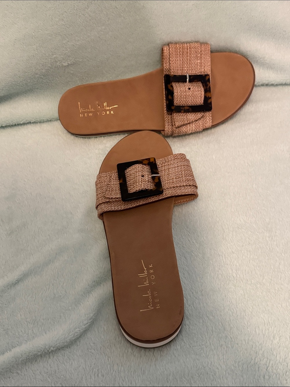 Nicole Miller Pink-Tan Woven Slide Sandals with Tortoiseshell Buckle